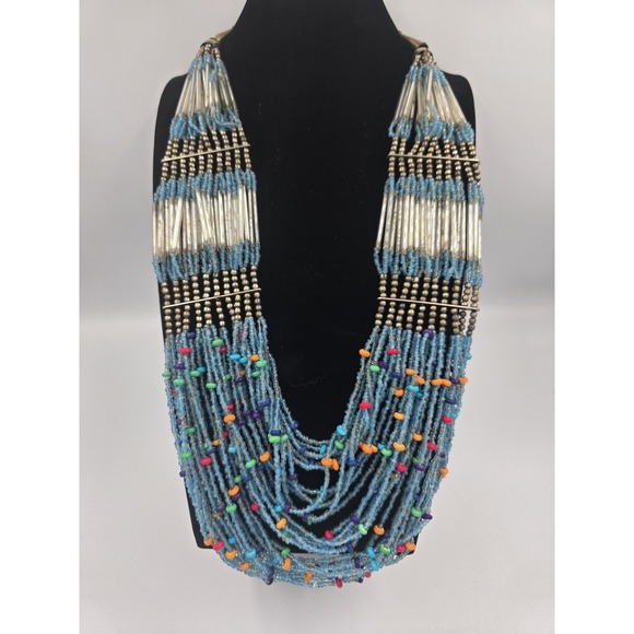 Ethnic Tribal Style Beaded Multistrand Statement Necklace Blue Silver Tone - Picture 3 of 9